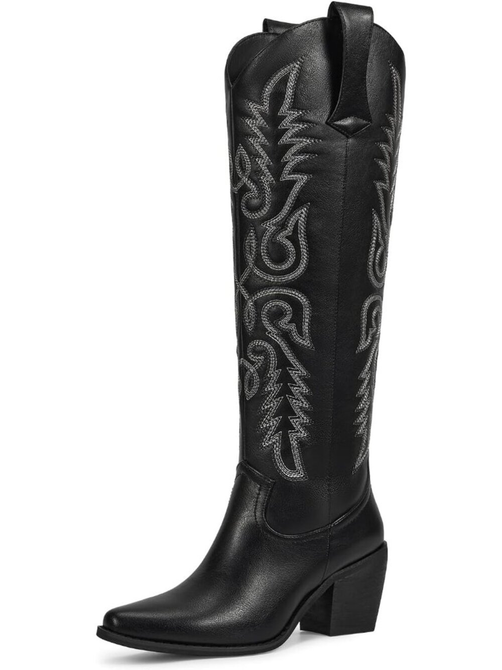 Women's Matte Black Faux Leather Pointed Toe Cow Girl Cowboy Boot